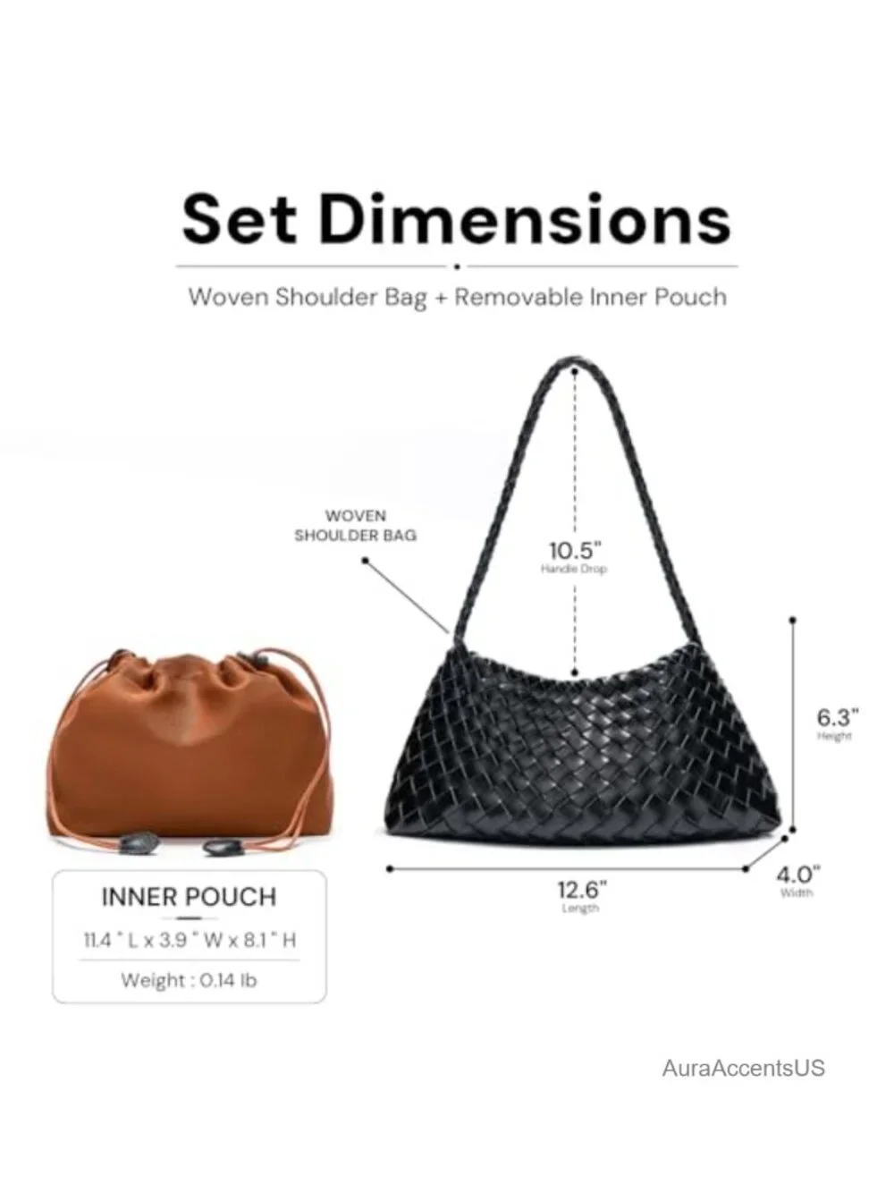 Vegan Leather Woven Hobo Shoulder Bag with Drawstring Pouch